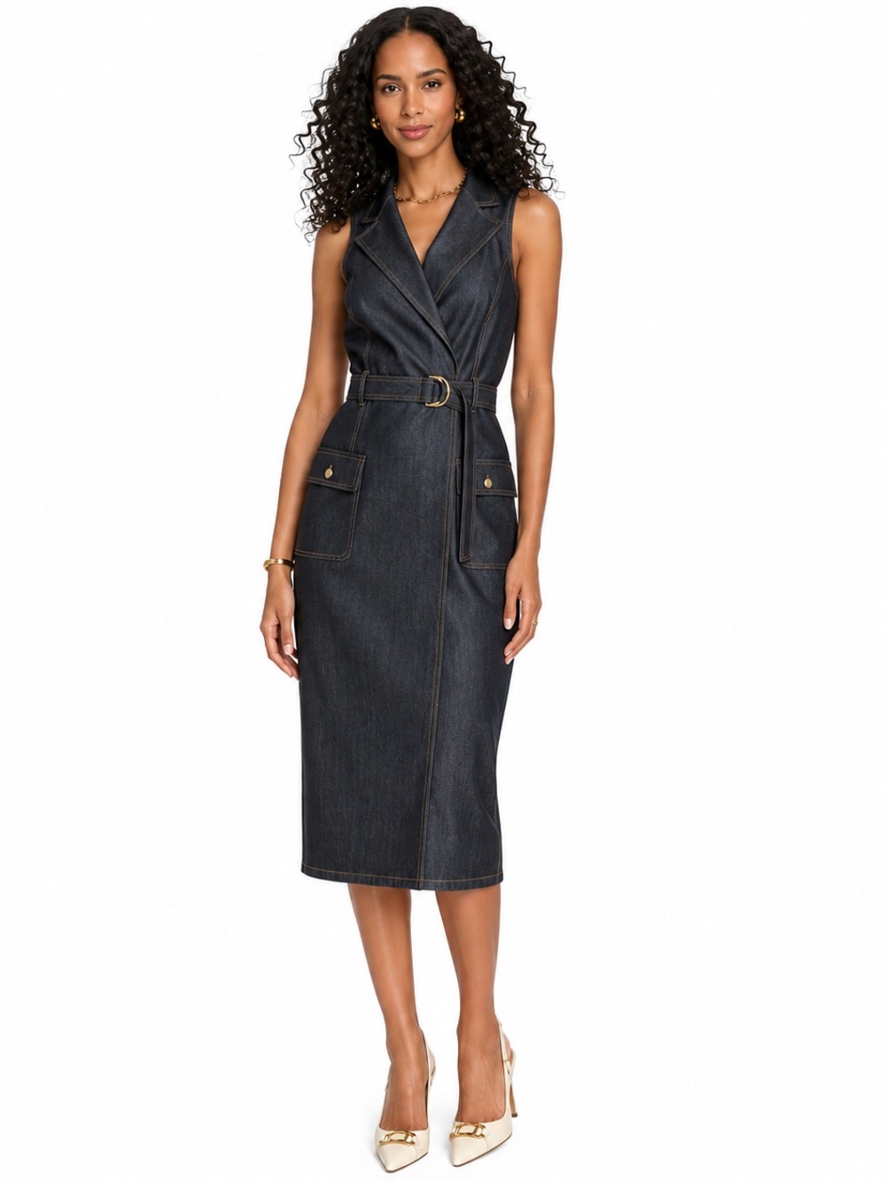 Calvin Klein Belted Denim Faux-Wrap Midi Dress Sz 12 Dark Wash Career Chic New